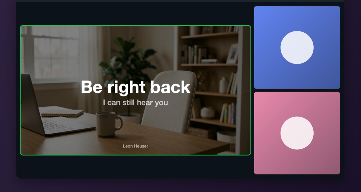 A status card shown transparently over a live home-office camera feed